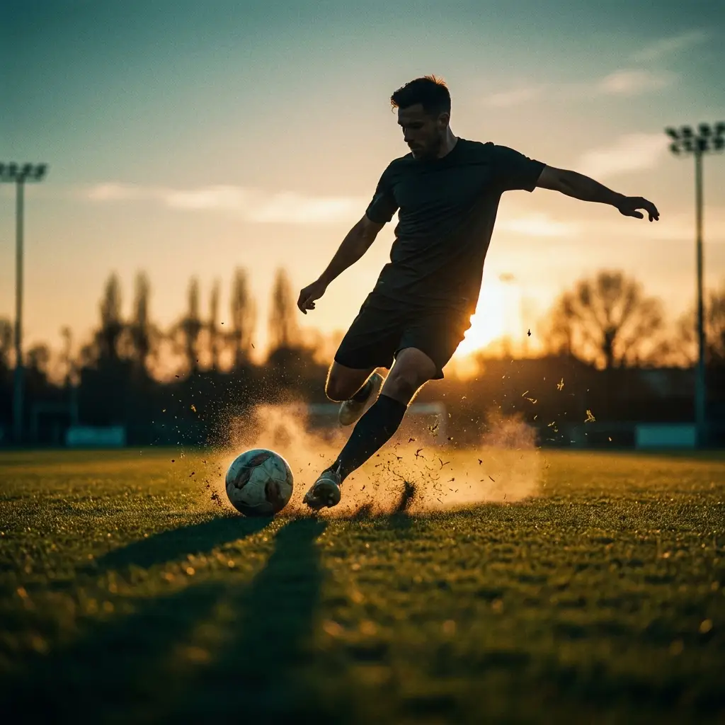 Joueur de football frappant le ballon au coucher du soleil