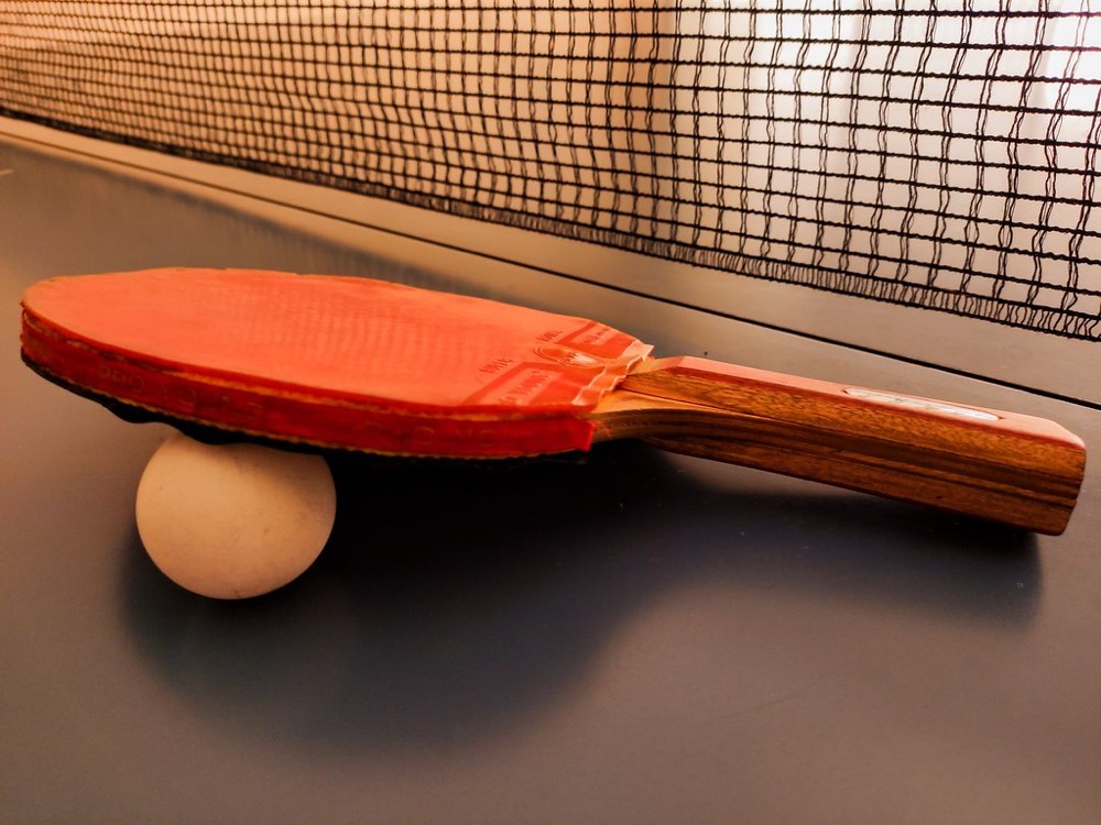 Raquette de tennis de table et balle posées près du filet